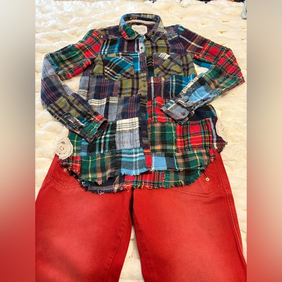 We The Free “Lost in Plaid” Patchwork Flannel Plaid Top with Lace Crochet Sides - Picture 15 of 16